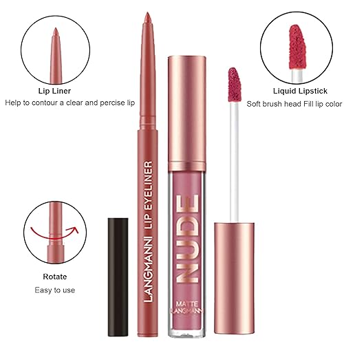 Miniatura 2 de Juego de lápiz labial mate y delineador de labios, 2 piezas, crema nude malva de larga duración, kits de labios impermeables con delineador de