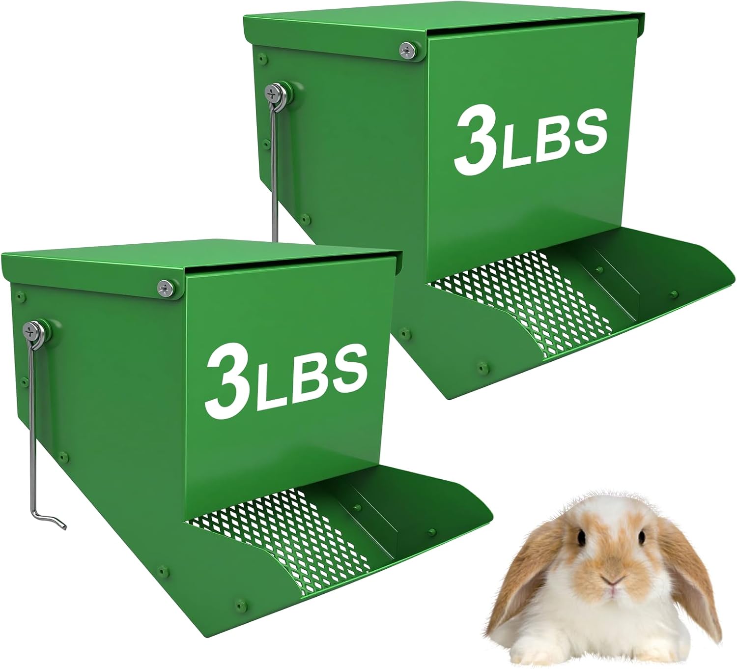 2 Packs Hay Feeder Rabbit, Metal Small Animal Feeder with Lid & Mesh Bottom, 7.7 Inch 3 LBS Capacity, Gravity Food Dispenser for Guinea Pigs Chinchillas, Cage or Outdoor Use, Green