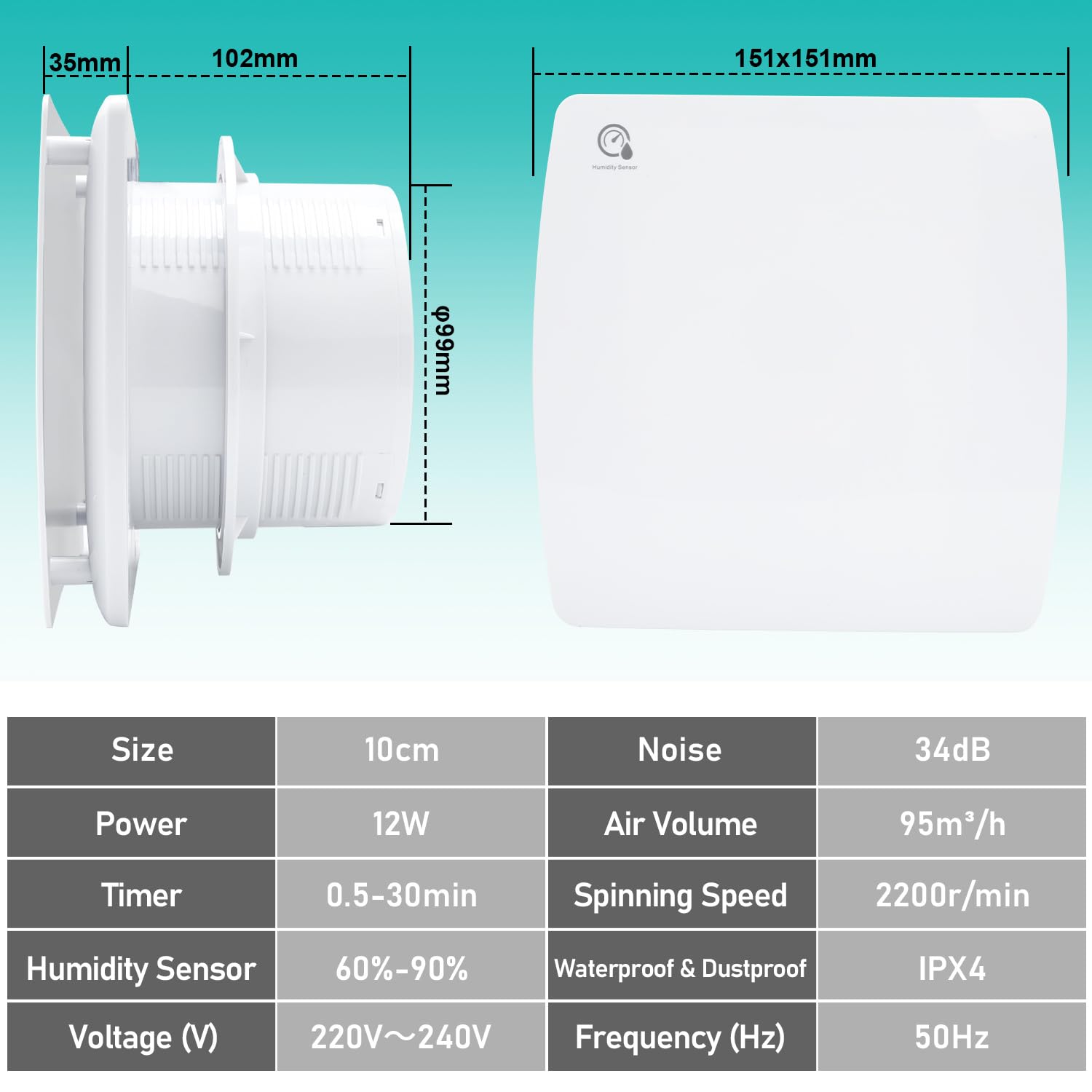 Ventilador de baño silencioso de 100 mm con válvula antirretorno y