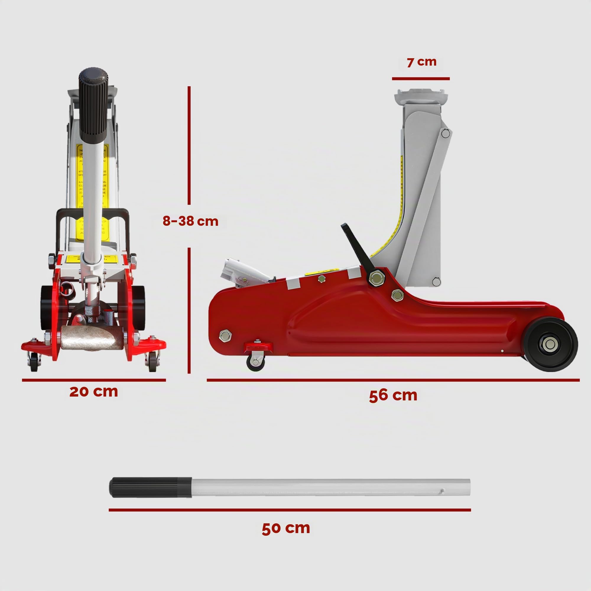 HOMCOM Gato Hidráulico 2,5T Altura de Elevación 80-380 mm Perfil Bajo | Gato Hidráulico para Coche Robusto, Ruedas Móviles, Compacto y Portátil, para Automóvil, SUV, Talleres y Garaje