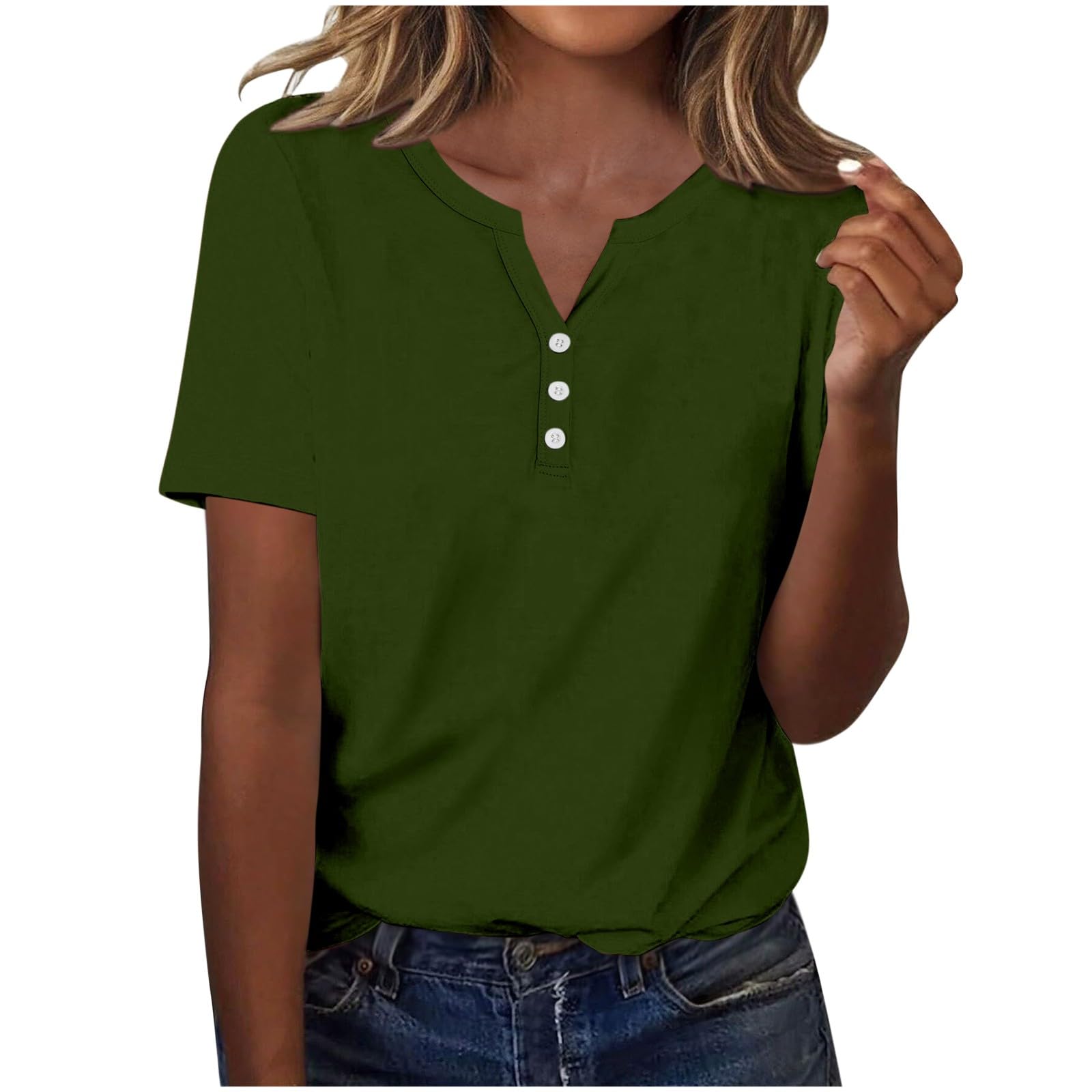 Basic Tees for Women Solid Color V Neck Button Up Short Sleeve Summer Henley Tunic Shirts Ladies Summer Going Out Top Army Green