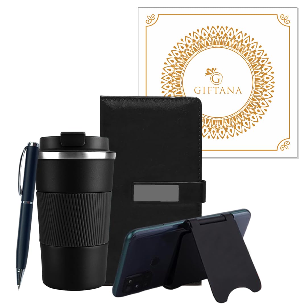 Giftana Diary with Pen, Mobile Stand and Coffee Tumbler 510ml Gift Set for Men and Women, 4 in 1 Gift Set for Doctor, Husband, Diwali Gifts, New Year Corporate Gift for Employee (Black)