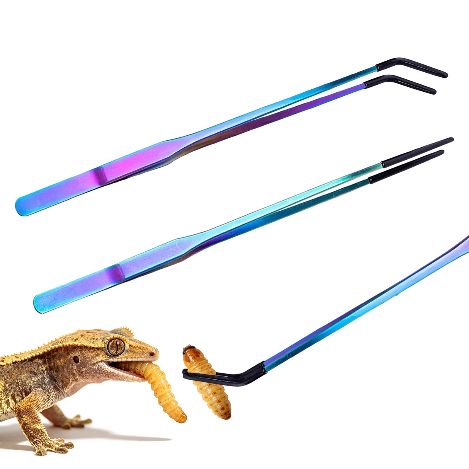 2 PCS Reptile Feeding Tongs Set - 10.6 Inch Feeding Tongs with Rubber Tip, Stainless Steel Straight and Curved Snake FeedingTongs for Reptile Care and Handling