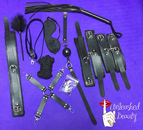 Sexual Restraints Full Set, for Him and Her, Black Leather Full 10 Piece kit is Made of only The Highest Quality Material. for BDSM, S&M, Foreplay. Comes with Free Sex Dice Get It Now on Sale
