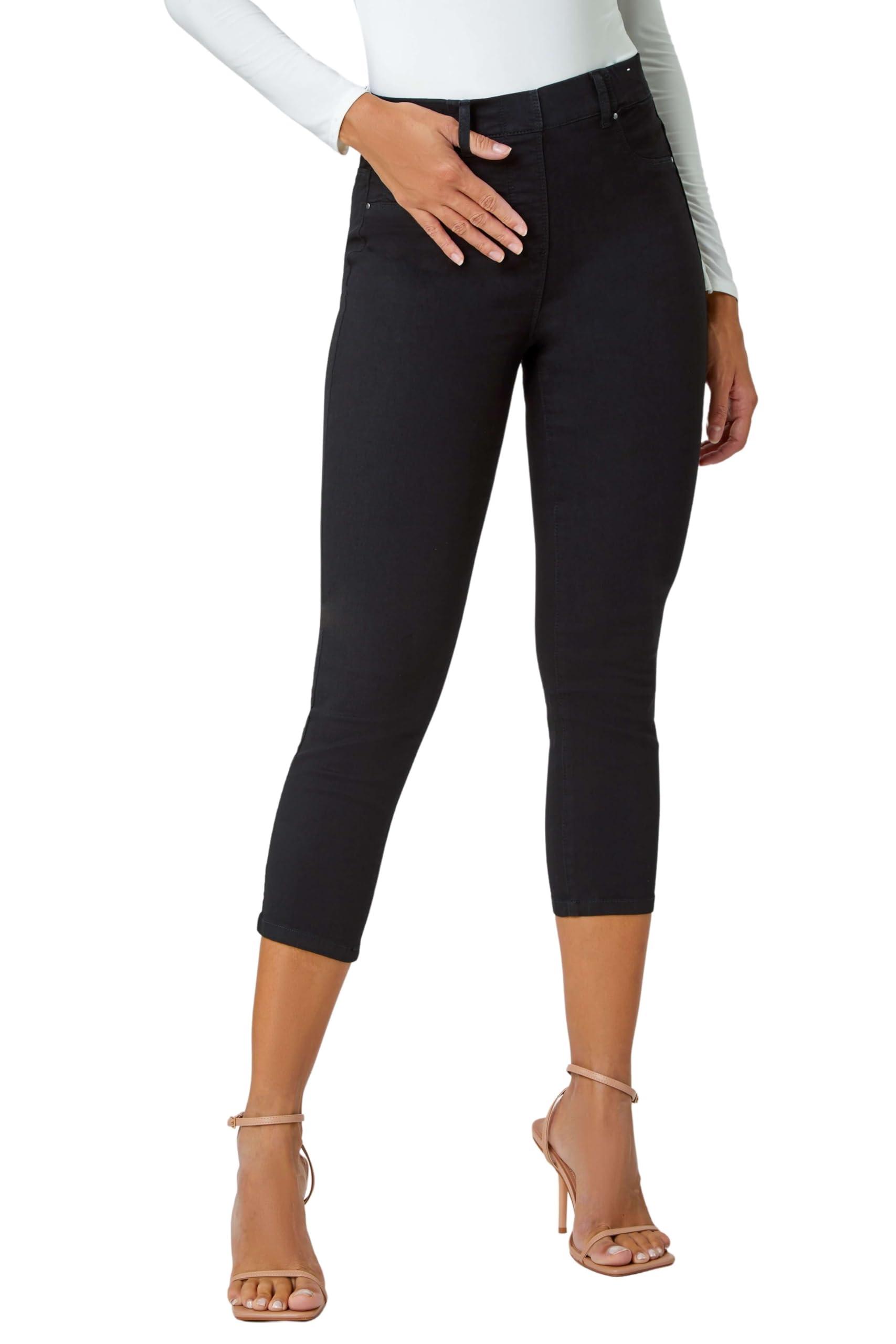 Roman Originals Women's Black Cropped Jeggings For Uk Capri Stretchy Jeans Denim Legging Cotton Summer Trouser Three Quarter 3/4 Length Pull On Cut Off High Waist Smart - Size 14