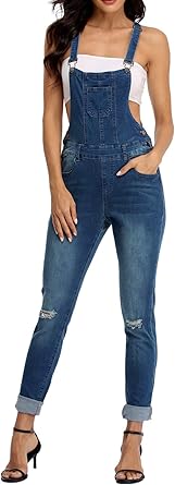 Womens Juniors Denim Stretch Overalls Adjustable Strap Ripped Distressed Jumpsuit Skinny Fit Jeans Pants