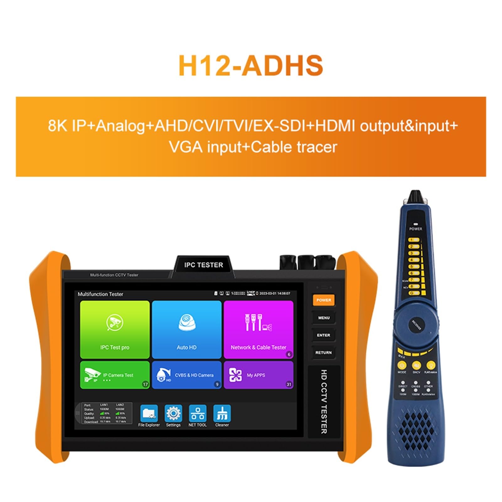 Tester per sistemi CCTV, Tester CCTV NUOVA versione 8 pollici 8K H.265 H12-CLMOVTADHSEF telecamera IP Supporto POE++, o SFP Ipc Poe(H12-ADHS)