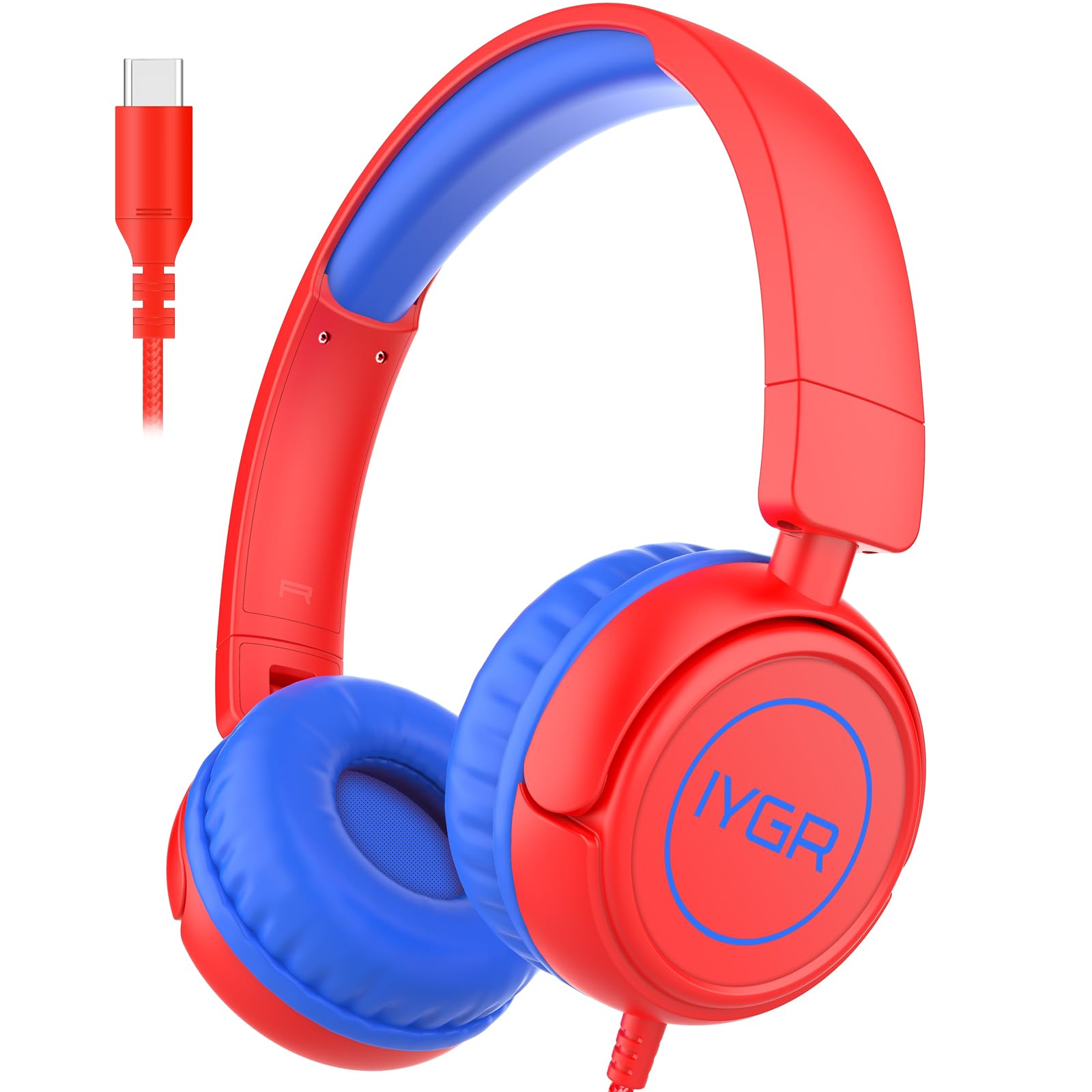 K6 Ulepszone słuchawki dziecięce USB typu C do szkoły, bezpieczna głośność 94 dB, dźwięk stereo HD, składane, lekkie słuchawki nauszne (czerwone)