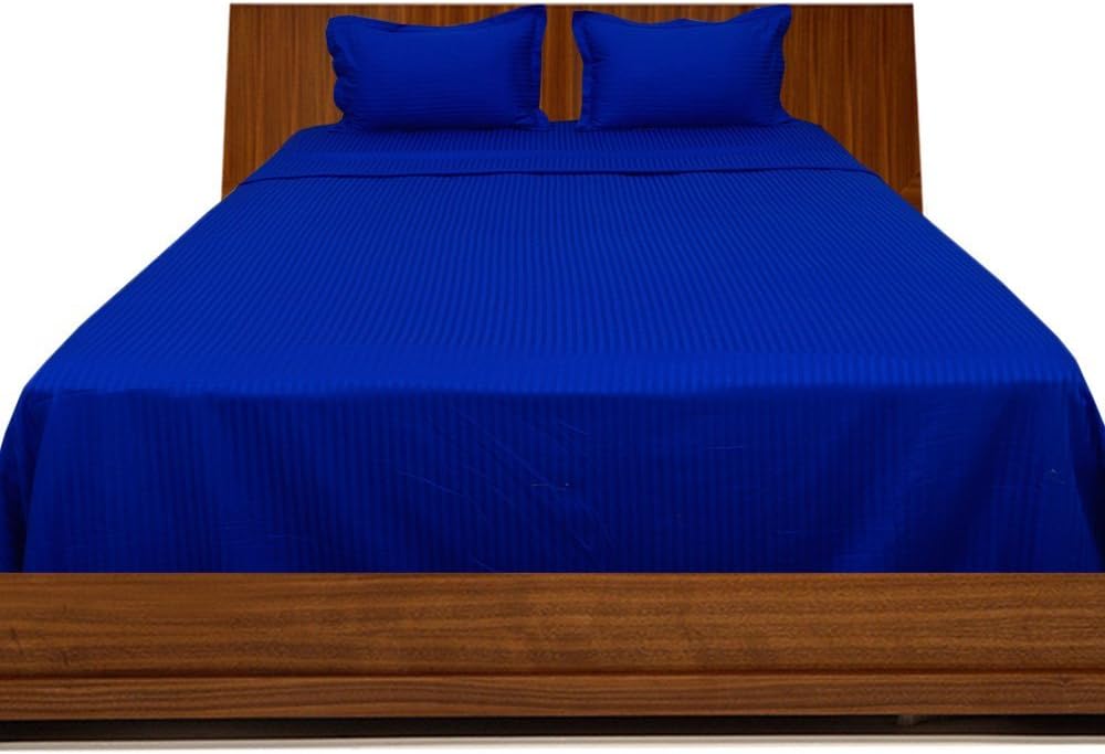 LaxLinen 600TC Super Soft Quality Egyptian Cotton 4PC Sheet Set 15" Inch Extra Deep Pocket Queen Bed Size, Egyptian Blue/Royal Blue Stripe 600-Thread Count