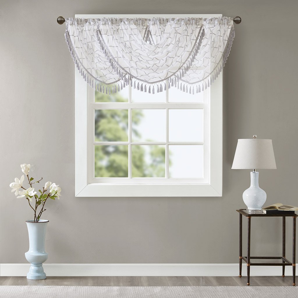 Madison Park Irina Diamond Sheer Embroidered Ascot Grey Window Valance , Elegant Pattern-Rod Pocket Valances for Windows , 38"W X 46"L , White / Gray