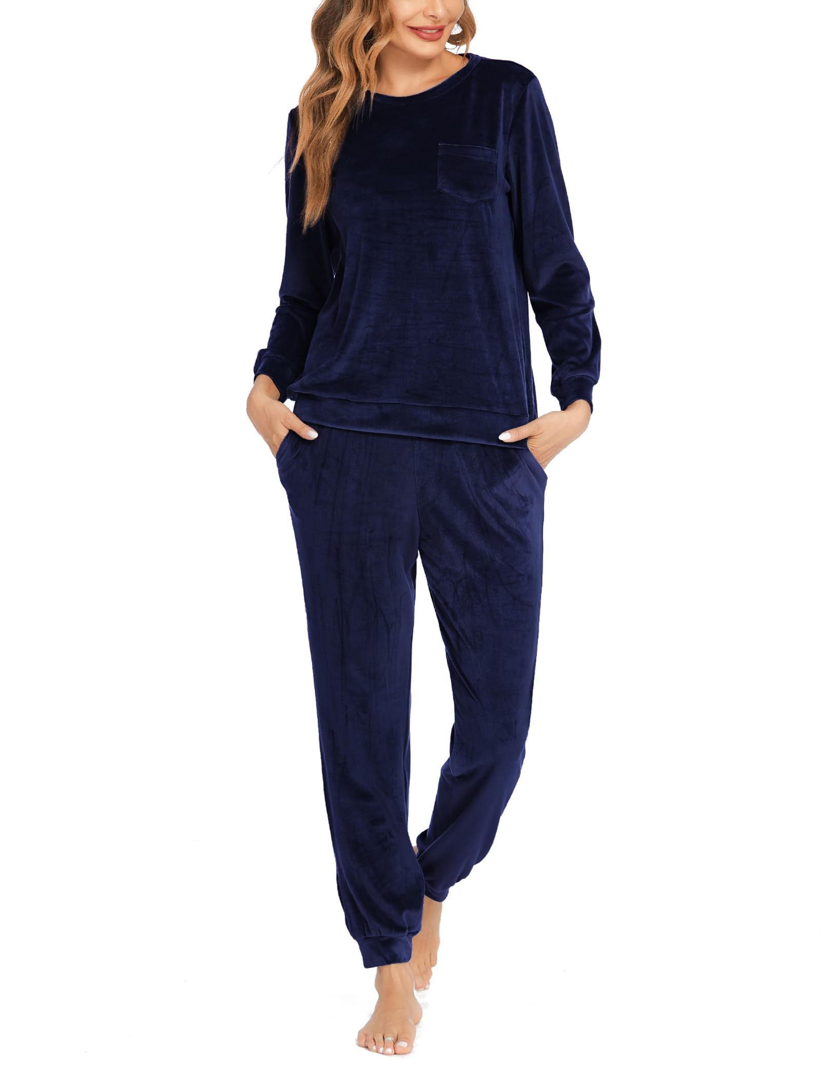 Ekouaer Pigiama da Donna Set Lungo Girocollo in Velluto per Il Tempo Libero Completo Pigiama Invernale Caldo Casual da Casa con Tasche