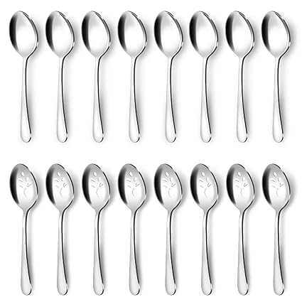 BEWOS 16-Piece Serving Spoons Set, 8 Serving Spoons, 8 Slotted Spoons, 9.1-Inch Serving Utensils Set for Parties, Serving Spoons Stainless Steel, Dishwasher Safe, Large Serving Spoons For Buffet