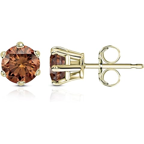 14k Gold Round Brown Diamond 6-Prong Basket Stud Earrings (1/4-2 ct, Brown, SI2-I1) Push-Back