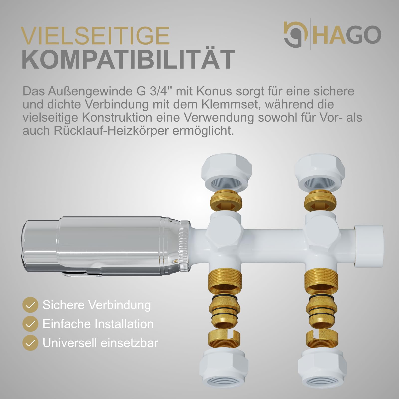 HAGO 24, valvola termostatica, termosifone, attacco centrale da 50 mm, universale, bianco, forma angolare, forma passante, sensore idrosensore, protezione antigelo, 5 livelli