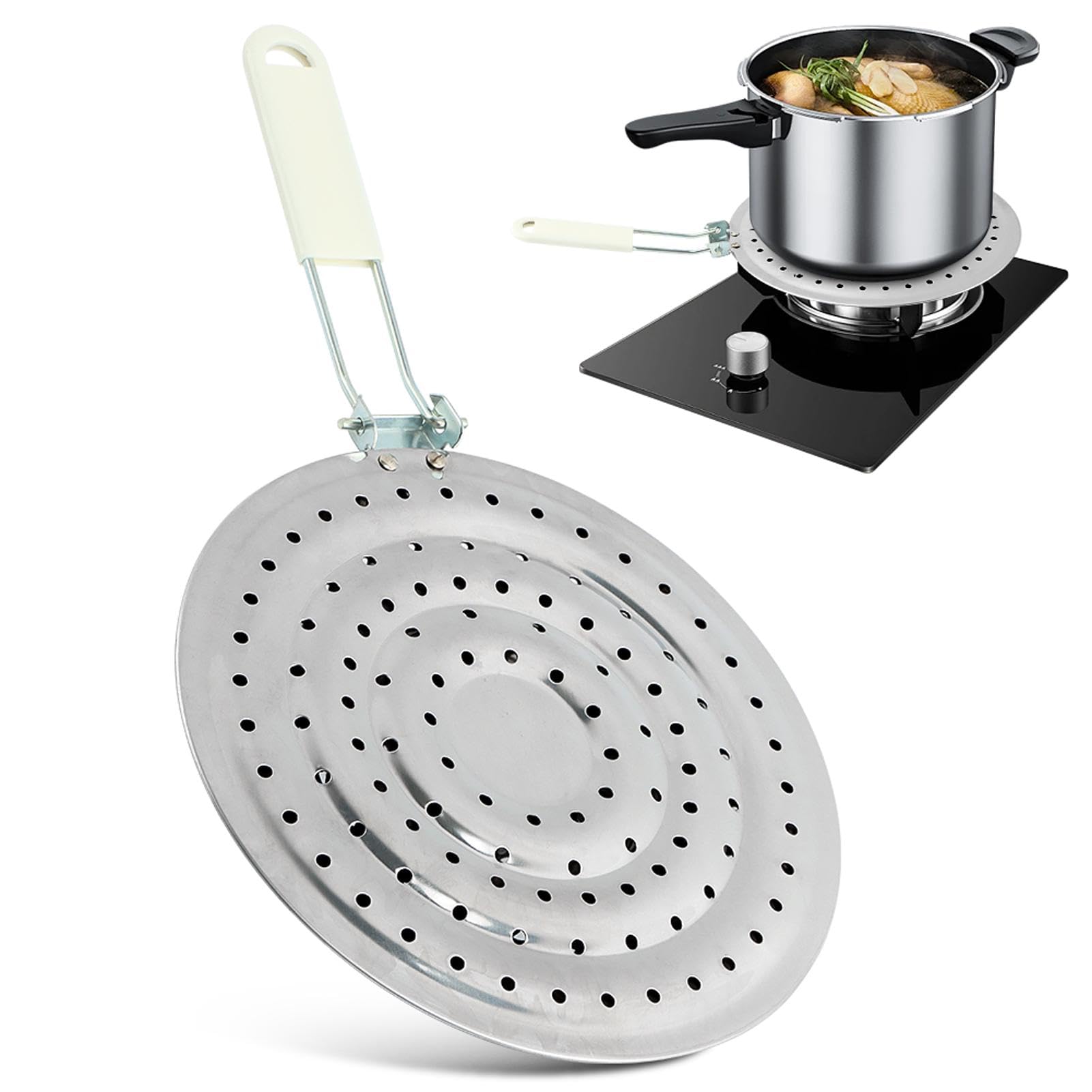Gas hob Heat Diffuser, Stainless Steel Flame Diffuser Cook Ring Heat Diffuser with Folding Handle Heat Spreader Plate for Gas Stove Cooktop Converter(Sliver)