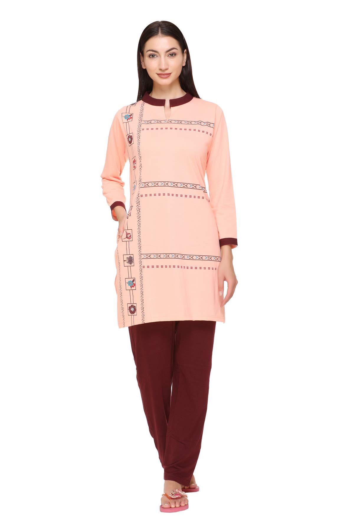 DuchessWomen's Cotton Printed & Embroided Long Length Night Suit Set