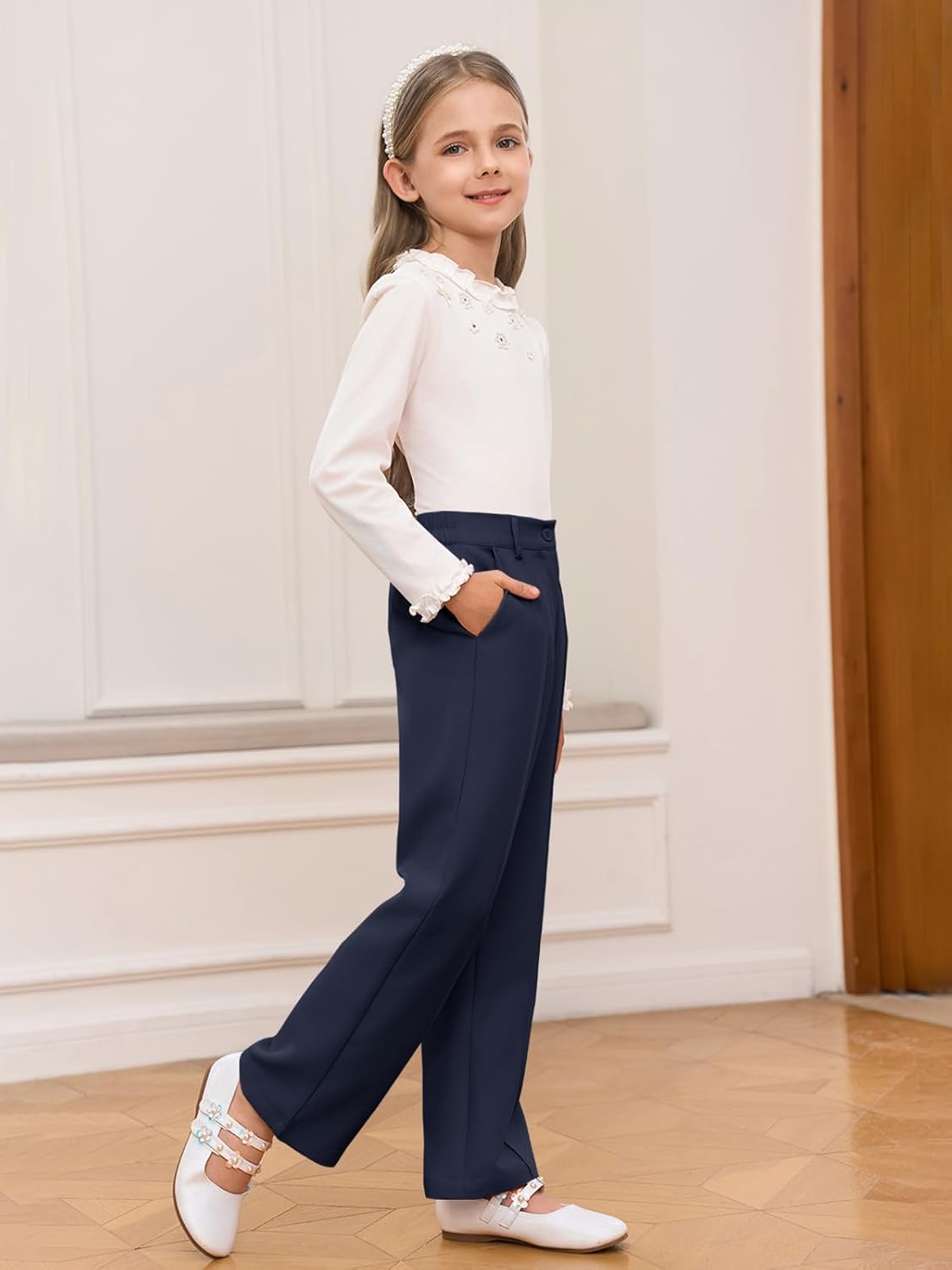 Haloumoning Girls Wide Leg Uniform Pants Kids Elastic High Waist Dress Pants Slacks with Pockets 5-14 Years - Image 4
