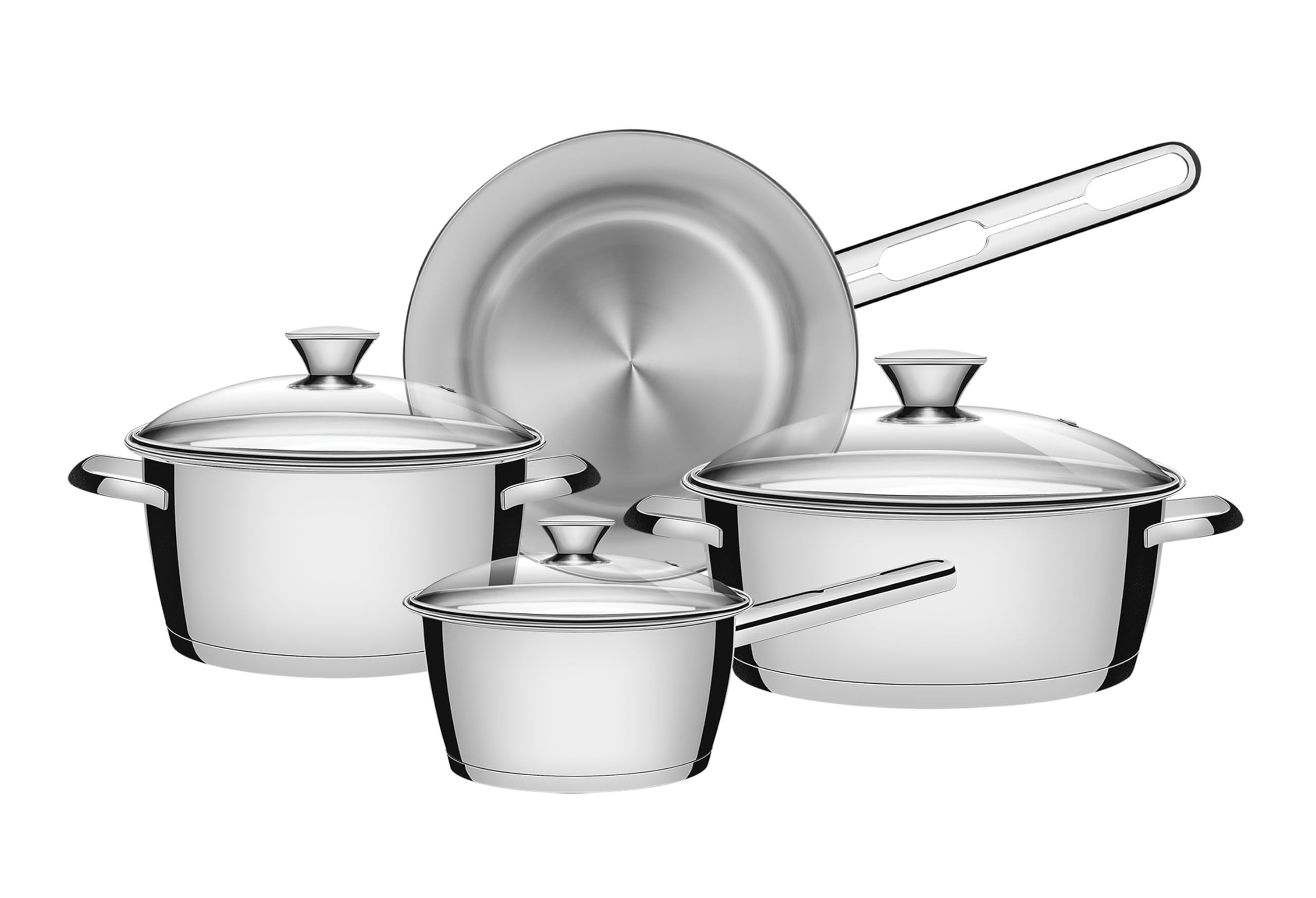 4-pc Stainless Steel Cookware Set | Dishwasher-Safe Pans with Glass Lids | Induction-Ready | Saucepan, Frying Pan and Casseroles