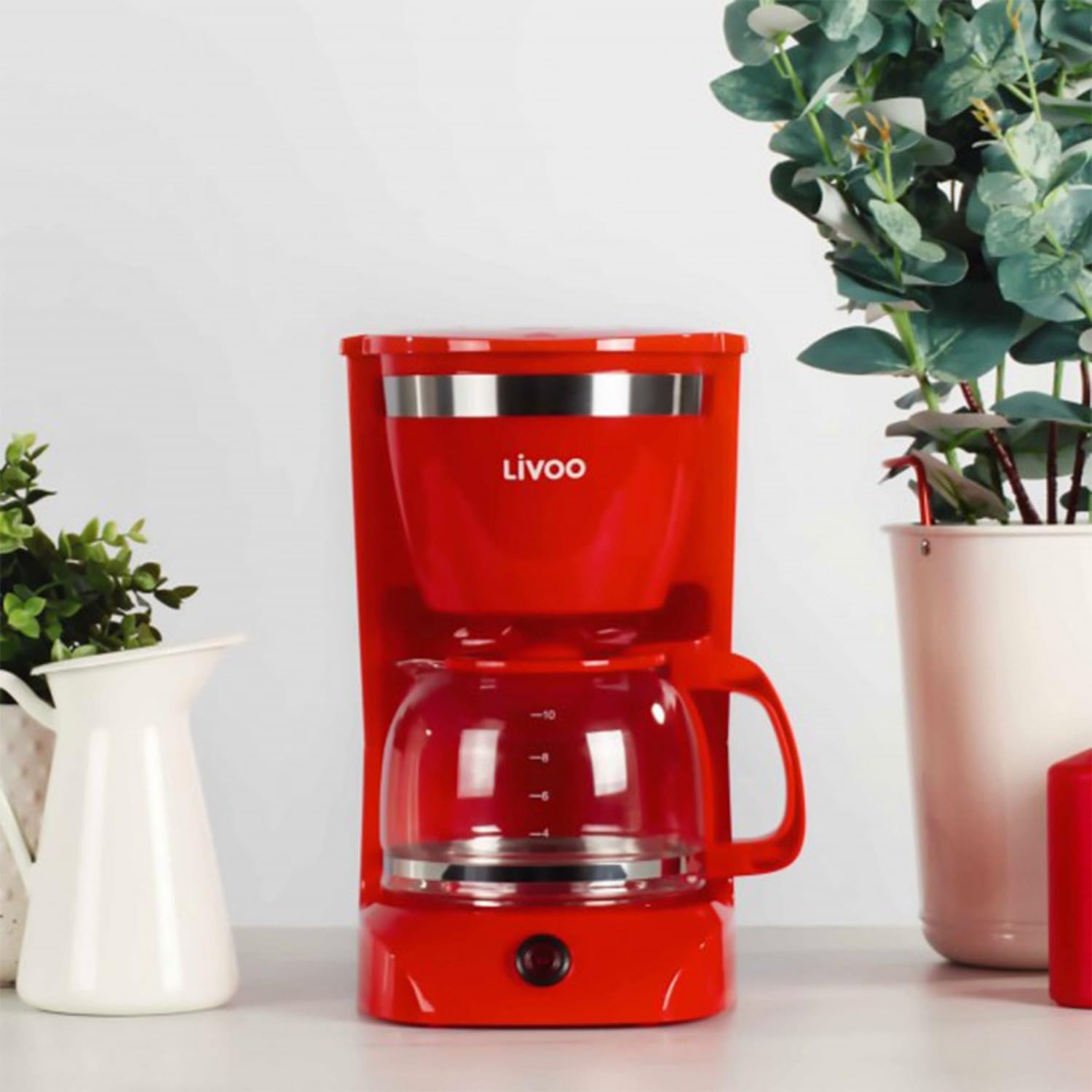 BM TOOLS Cafetière électrique LIVOO DOD163R - finition Rouge, capacité de 1.25L / 12 tasses, Verseuse en verre avec système anti-gouttes