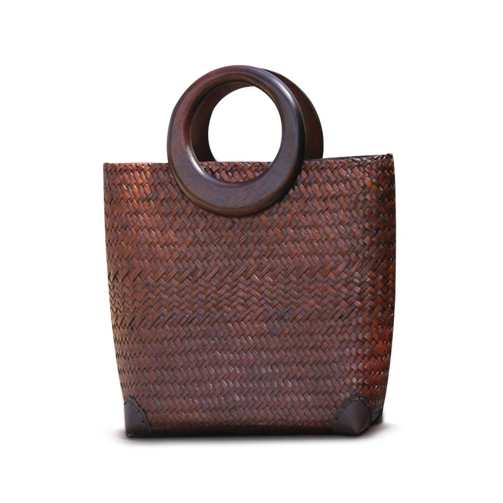 Hand-woven Womens Straw Large Boho Handbag Bag for Women Summer Beach Rattan Tote Travel Bag with Wood Round