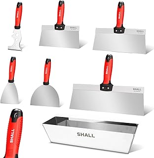 SHALL Kit de herramientas para paneles de yeso, juego de 7 piezas de acero inoxidable, incluye espátula, cuchillo de cinta, herramienta raspadora de pintor y bandeja de lodo de 12 pulgadas para cinta
