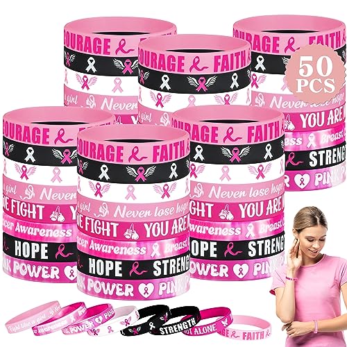 50pcs Breast Cancer Awareness Accessories, Rubber Breast Cancer Awareness Bracelets Bulk, Motivational Breast Cancer Wristband with HOPE STRENGTH FAITH COURAGE, Bracelets for Women Party Favor Stuff