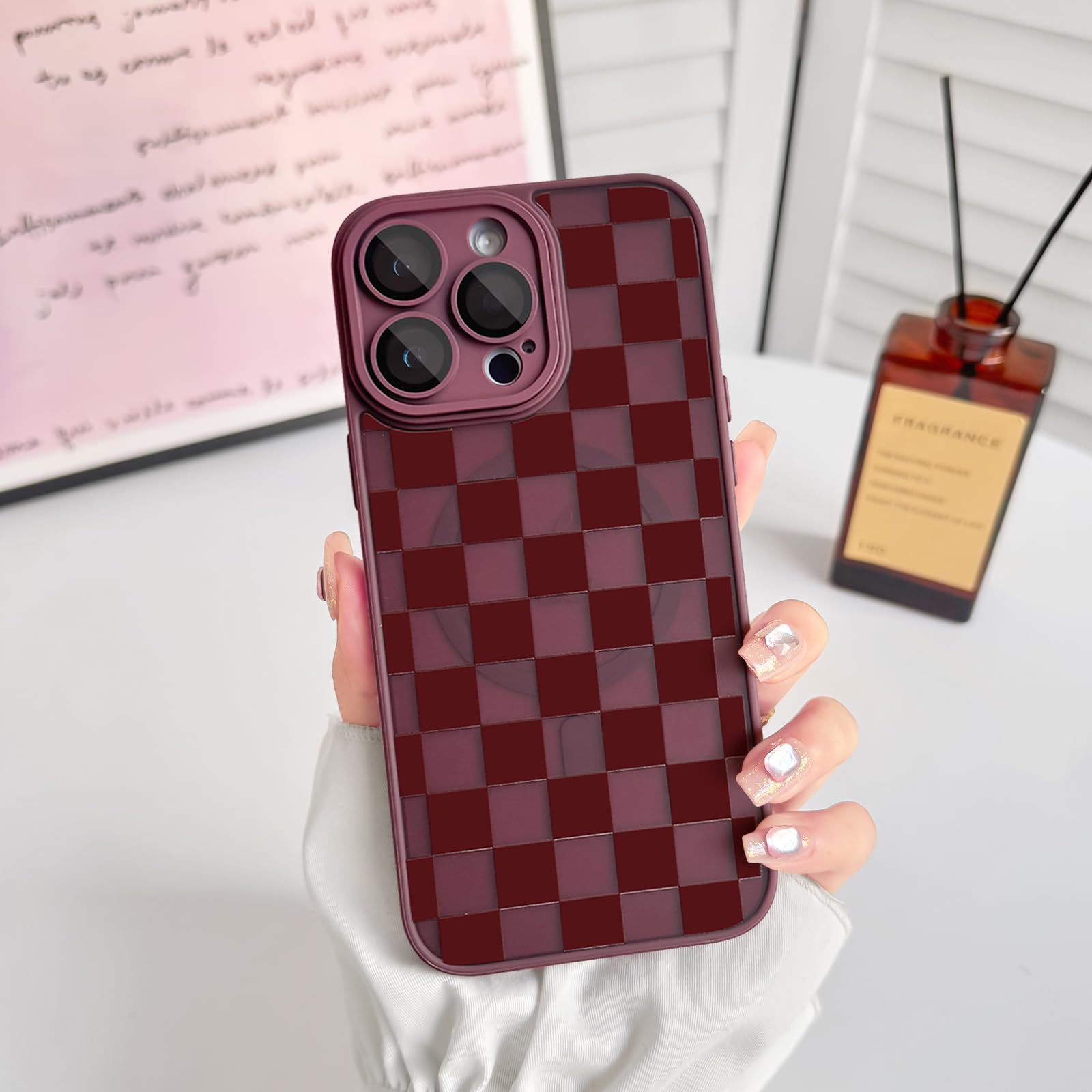 Lovmooful Funda Magnética para iPhone 14 Pro Bonito Cuadrados-Rojo Vino