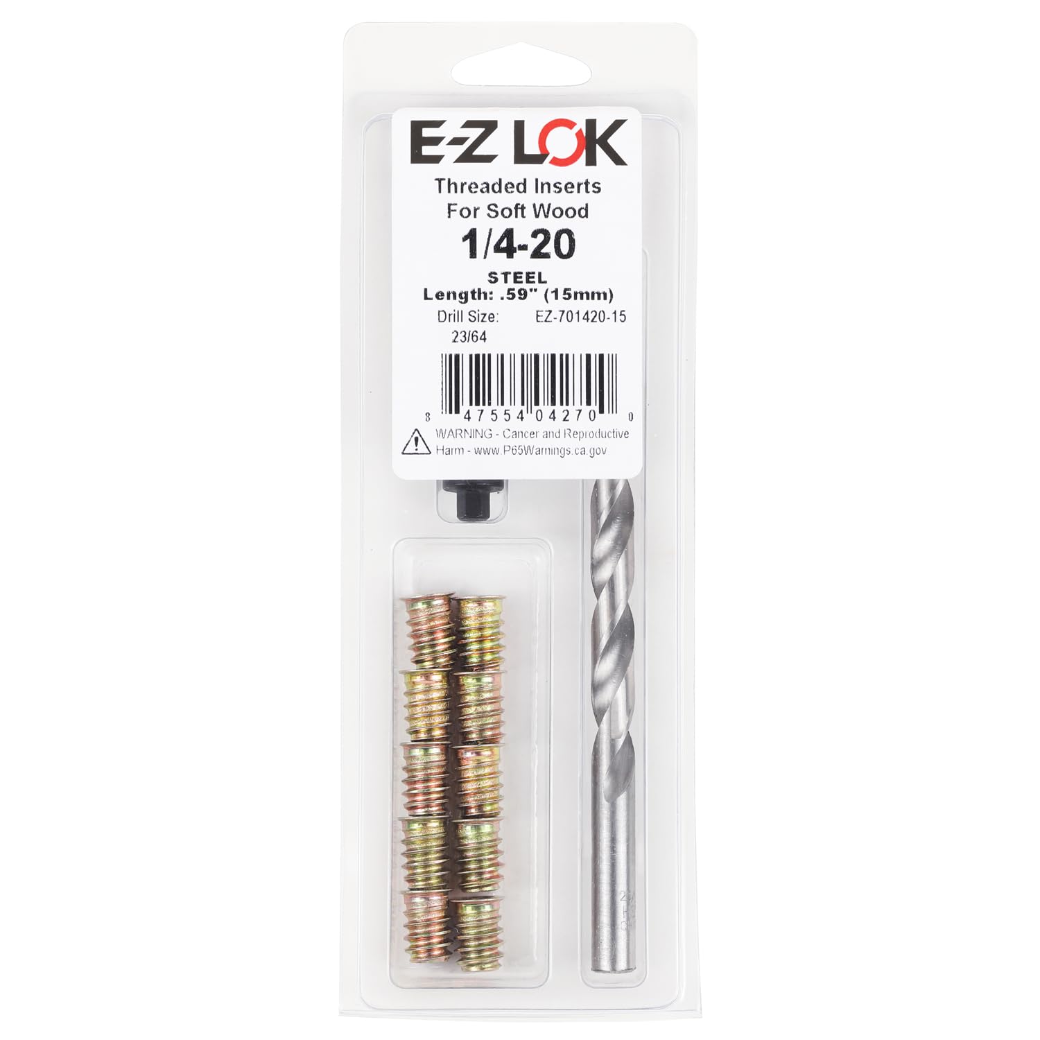 E-Z LOK Threaded Inserts for Wood, Repair Installation Kit, Includes Steel Hex Drive Flanged Thread Inserts, 1/4-20 Internal Thread, 15mm Length, Drill, Installation Tool