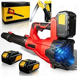 Soprador de Folhas Elétrico 21V com 2 Baterias Recarregáveis 10000mAh e 7500mAhCom Serrote Dobrável 7 Polegadas 6 Velocidades Jardim Limpeza Poda Acampamento