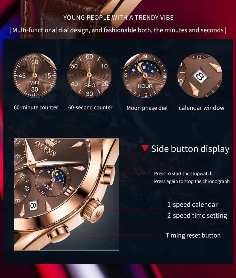 Image of OLEVS Men's Leather Analog Quartz Watch - Luxury Chronograph Wristwatch with Date, Waterproof, Luminous - Dress Style