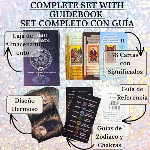 Image of Witchy Cauldron Spanish Learning Tarot Card for Beginners with Meanings on Them - Training Beginner Cards for Tarot Learners Including Chakra, Planet, Zodiac, Element, Yes or No.