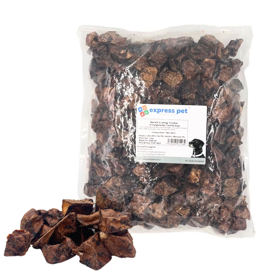Express Pet Supplies Beef Lung Cube Jerky 100% Natural Air Dried Dog Treat Chew 500g (75-100 Cubes) Hypoallergenic Ideal Training Treat Small Breed