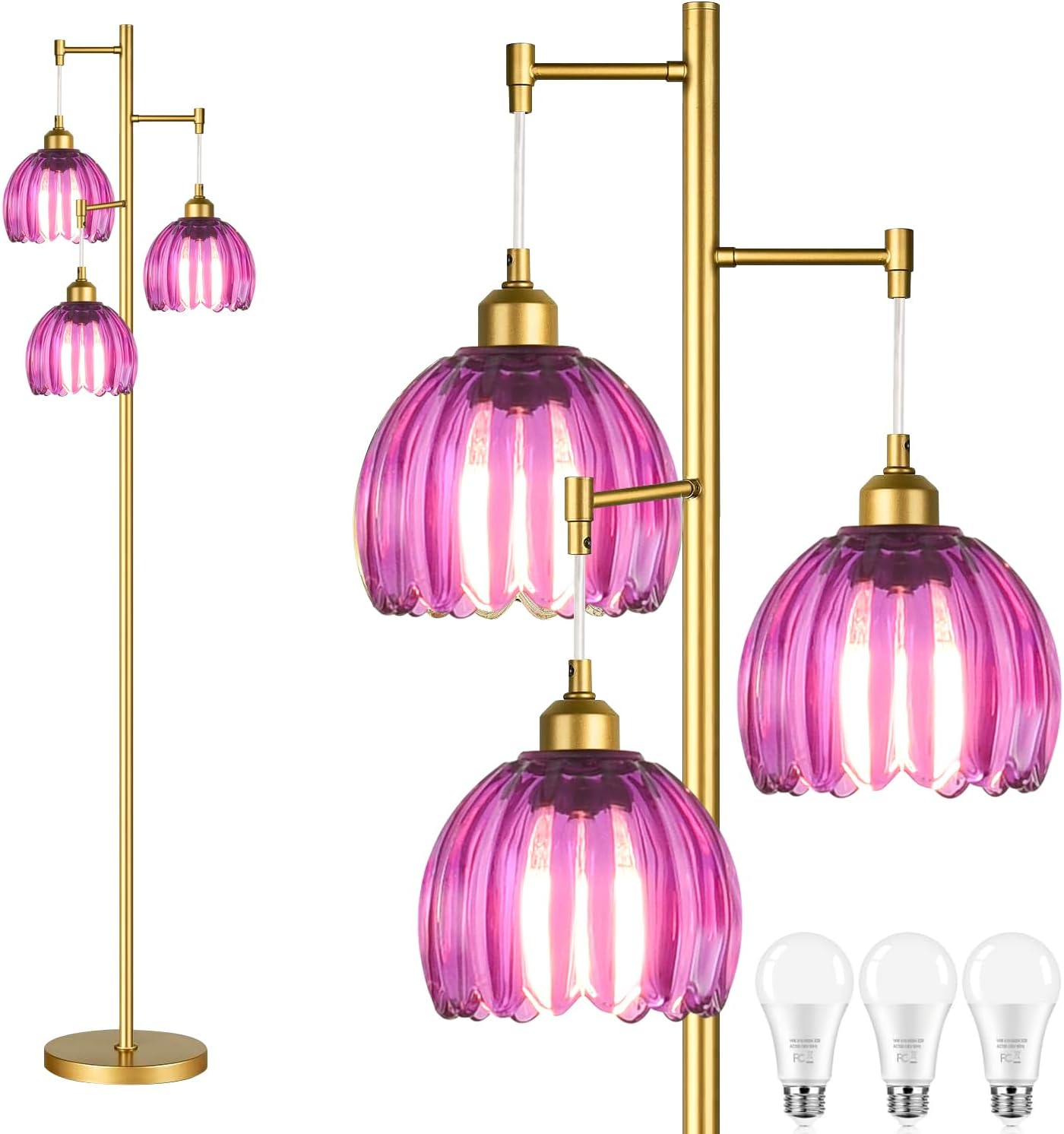 Gold Floor Lamps for Living Room Bedroom-3 Light Glass Floor Lamp with Three Led Bulb,Vintage Tall Lamp Mid Century Modern Standing Lamp Tree Floor Lamp for Bedroom Living Room,Office,Corner