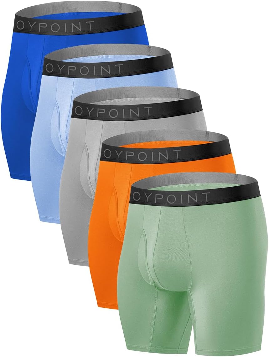 JOYPOINT 5 Pack Men's Underwear,Rayon Made From Bamboo Boxer Briefs,Ultra Soft Breathable,No Riding Up Long Leg