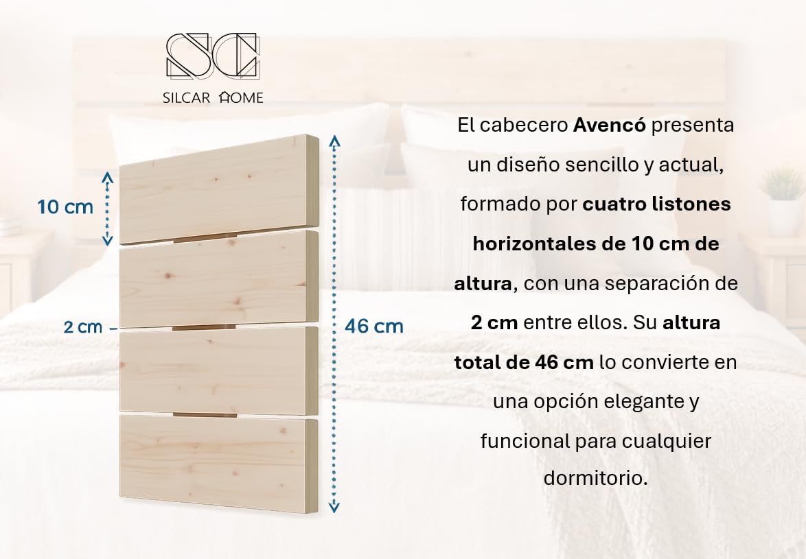 Silcar Home AVENCO - Cabecero de Cama de Madera Natural para Dormitorio - Cabecero Madera Maciza - Estilo Moderno y Sencillo - Fabricado en España (135 cm)