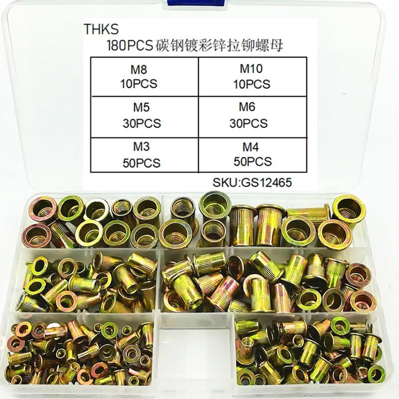 Generic Carbon Steel Flat Head Threaded Rivetnut Insert Nutsert Aluminum Alloy Rivet Nut Assortment Kit - M3 M4 M5 M6 M8 M10 Rivet Gun - (Color: 180pcs Steel)