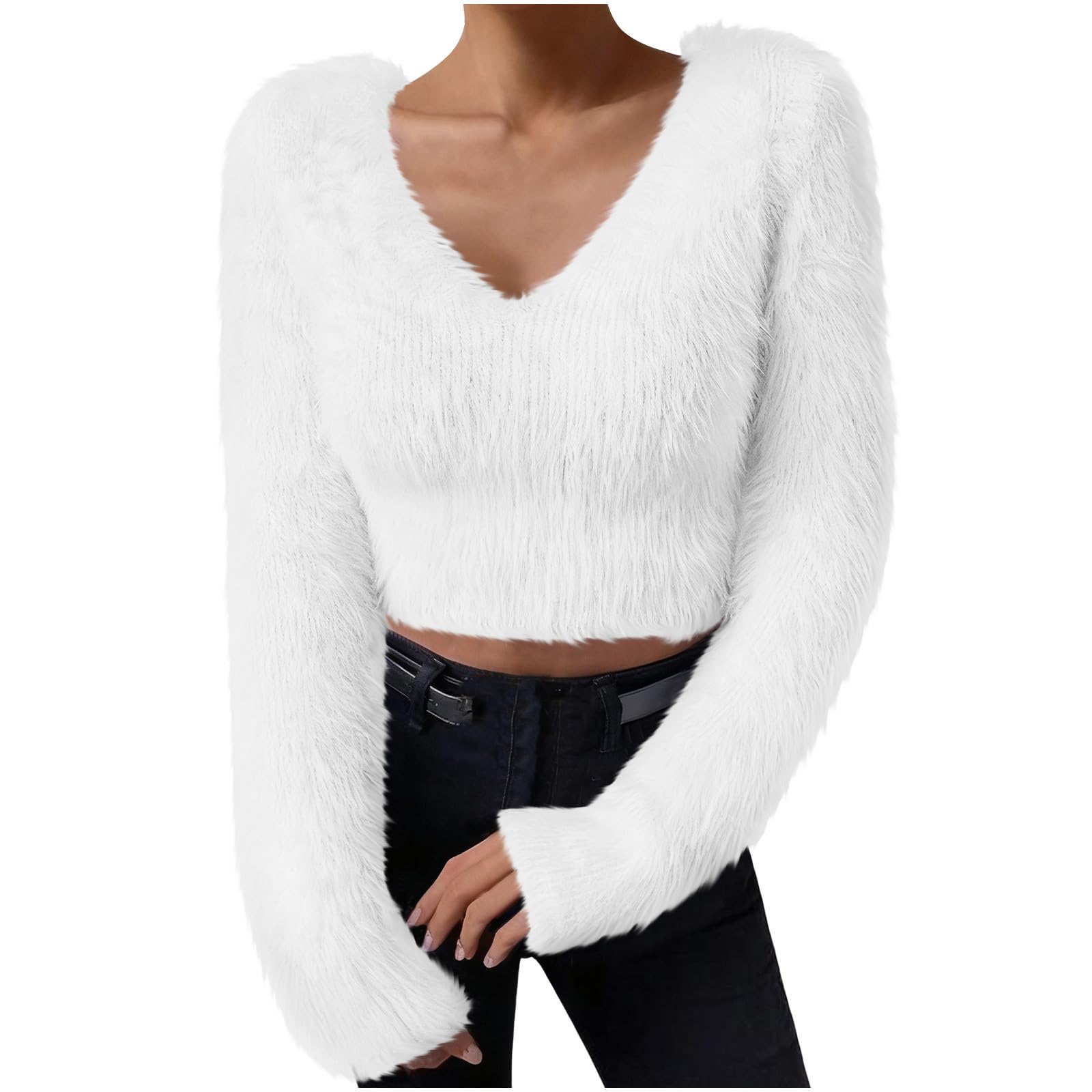 Womens Fuzzy Fluffy Sweaters Comfy V Neck Long Sleeve Chunky Crop Pullover Sweater Fall Winter Clothes for Women