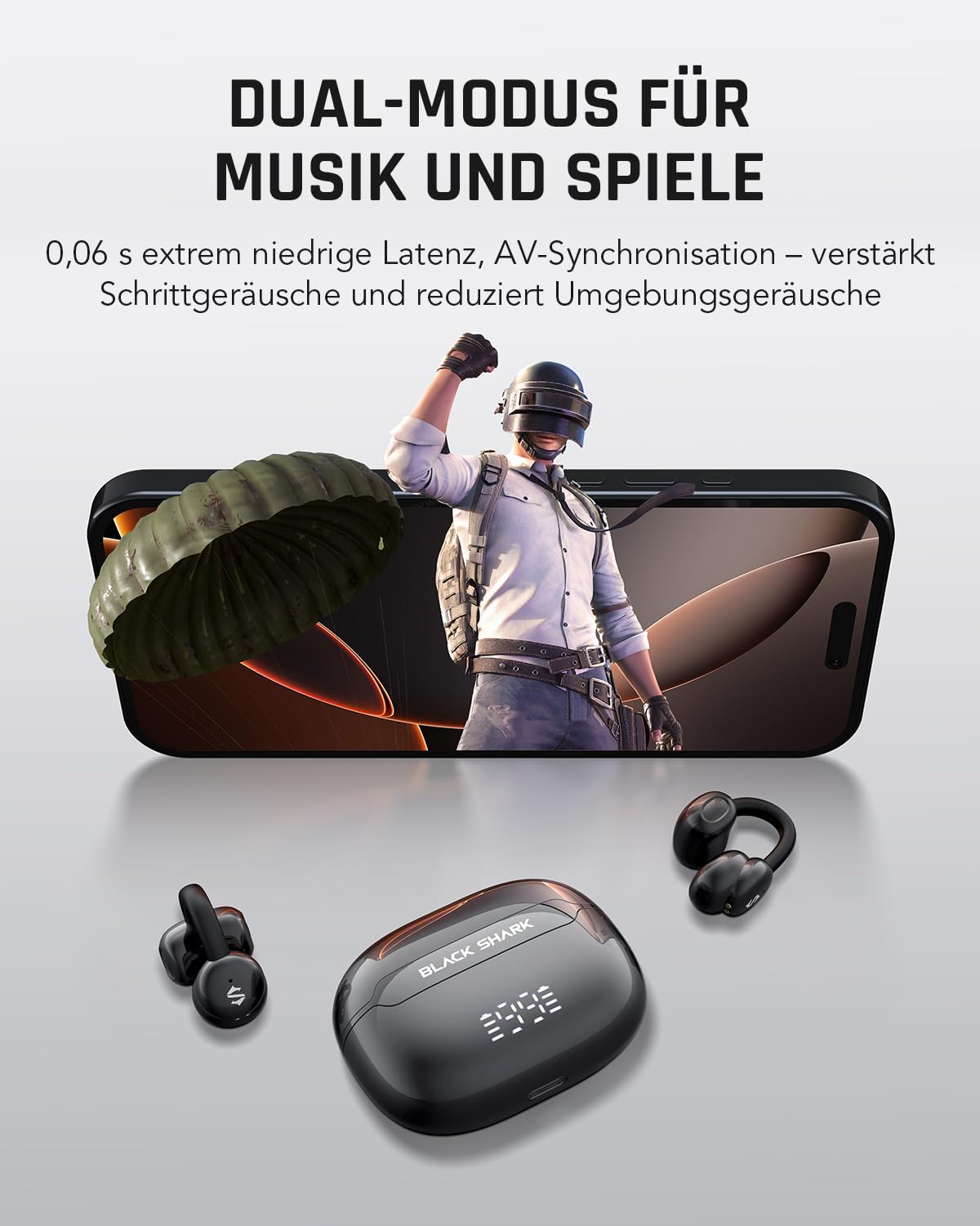 Black Shark T19 Open Ear Kopfhörer Kabellos Bluetooth Clip On Ohrhörer, 5g Leicht komfortabel, Adaptive Klangqualität für Musik und Spielmodi, 50H Akk, LED, DNN klare Anrufe, für Laufen Training