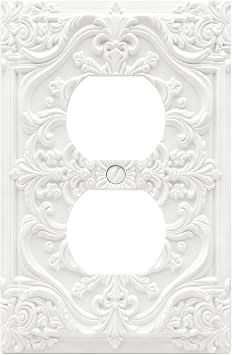 Decorative Outlet Covers Chalk White 3D Floral Embossed 1 Gang Duplex Light Switch Cover Plate Unique Wall Plate Electrical Switch Plate Covers for Bedroom Home Decor