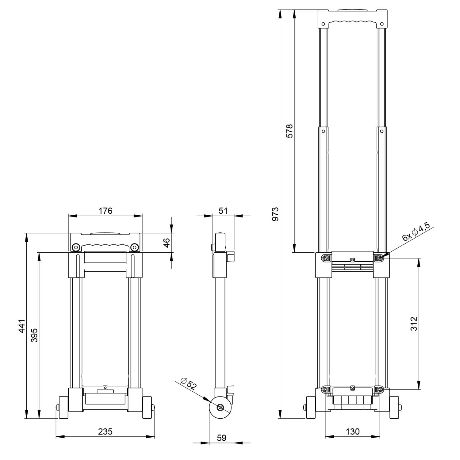 Adam Hall Hardware 3472 - Trolley a 1 Allungamento smontabile lunghezza 420-960 mm