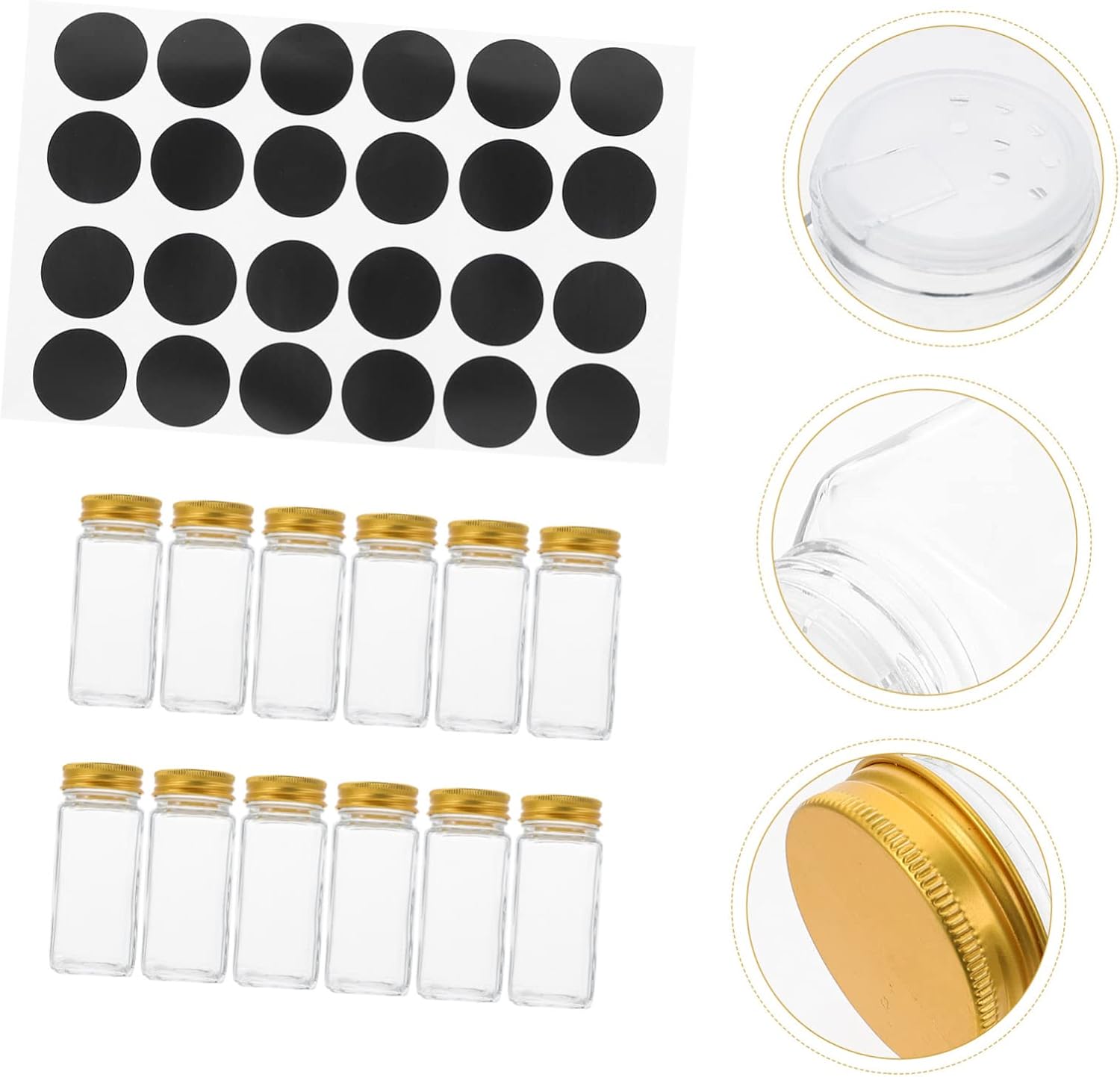 Cabilock 12pcs Glass Spice Container Set with Gold Lids Compact Seasoning Bottles for Kitchen Organization Storage for Home and Outdoor Use
