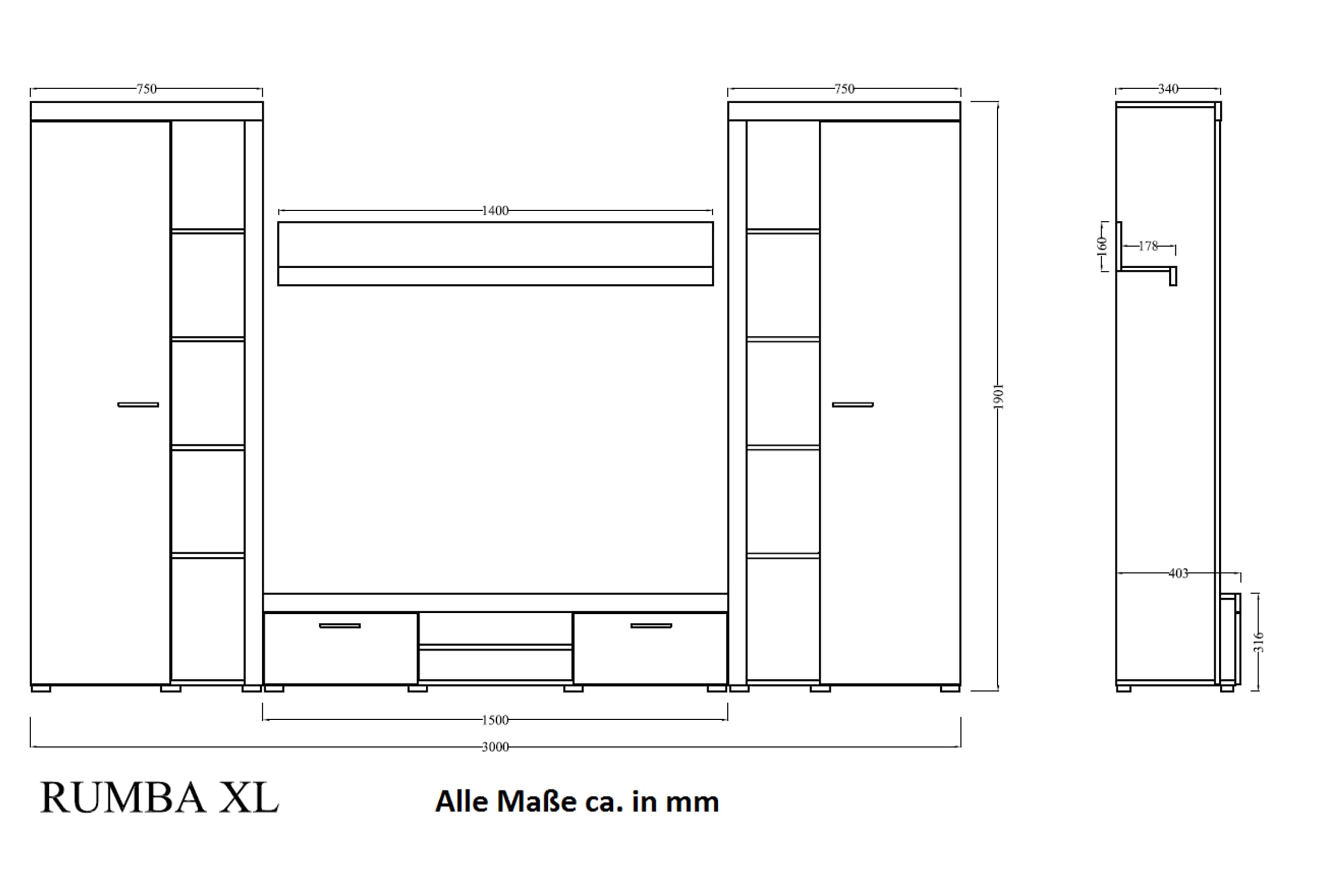Kuechen-preisbombe TOP Wohnwand Rumba XL Anbauwand Wohnkombi Wohnzimmer Weiss matt