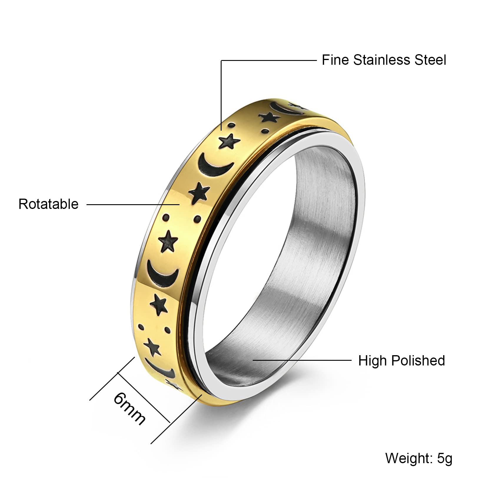Bague de Fidget en Acier Inoxydable, Anneaux Rotatifs Lune et Étoile Bague de Fidget pour Femmes Hommes Bague de Spinner Anti-Stress Anneau de Mariage Taille 7-11 (Or, 8)