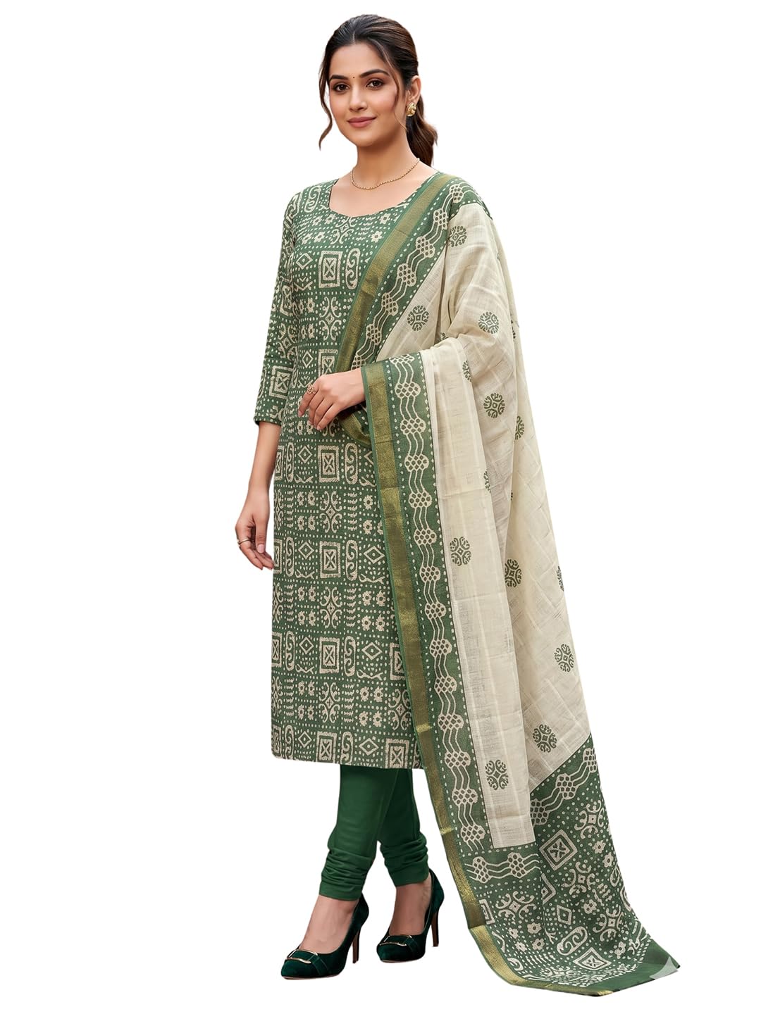 Green Printed Pure Cotton Dress Material | Unstitched Suit Set with Santoon Bottom, Pure Cotton Dupatta for Women-image-10