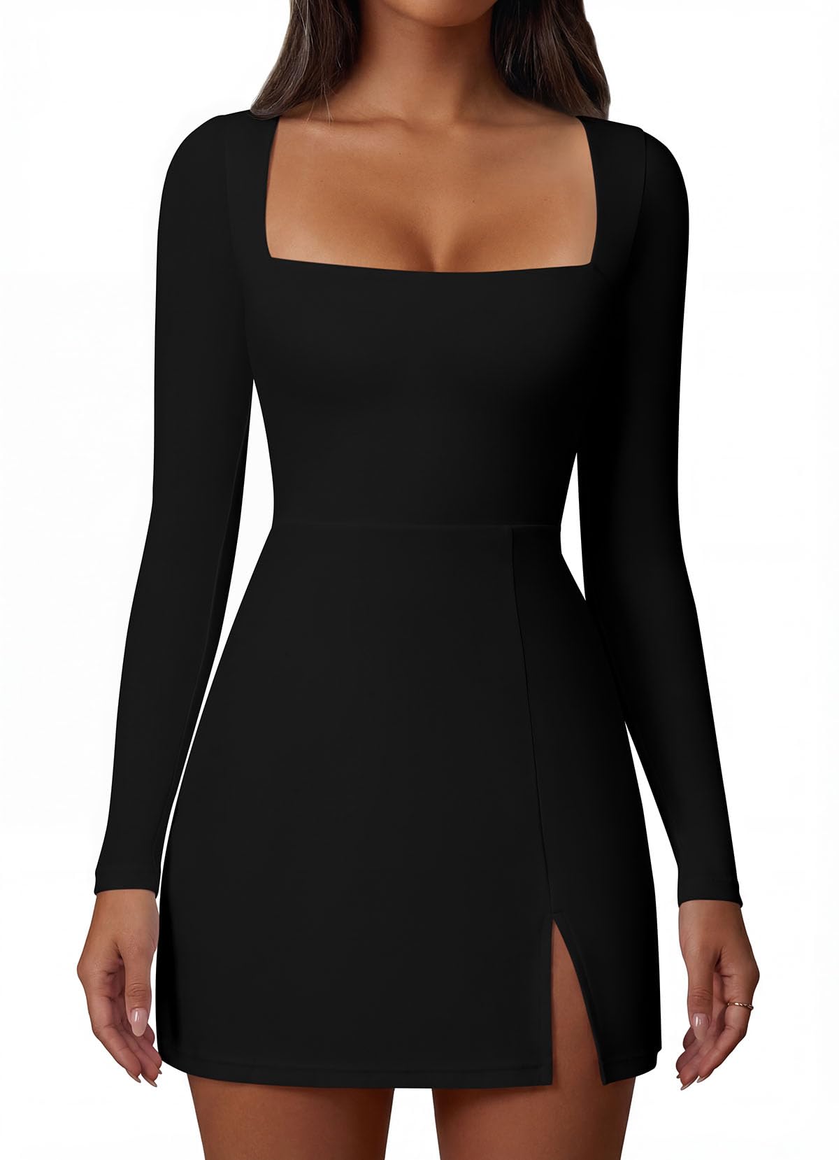 Memoriesea Women's Square Neck Long Sleeve Side Slit A-Line Cocktail Party Club Mini Dress