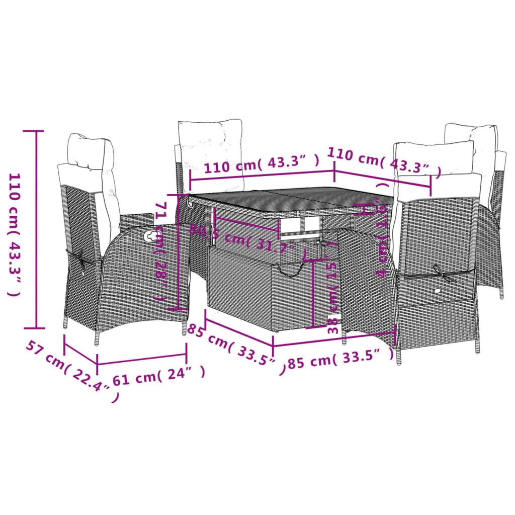 Conjunto de comedor de jardín para terraza con respaldo ajustable y tablero de mesa en color gris de poliratán, incluye cojines y fundas extraíbles