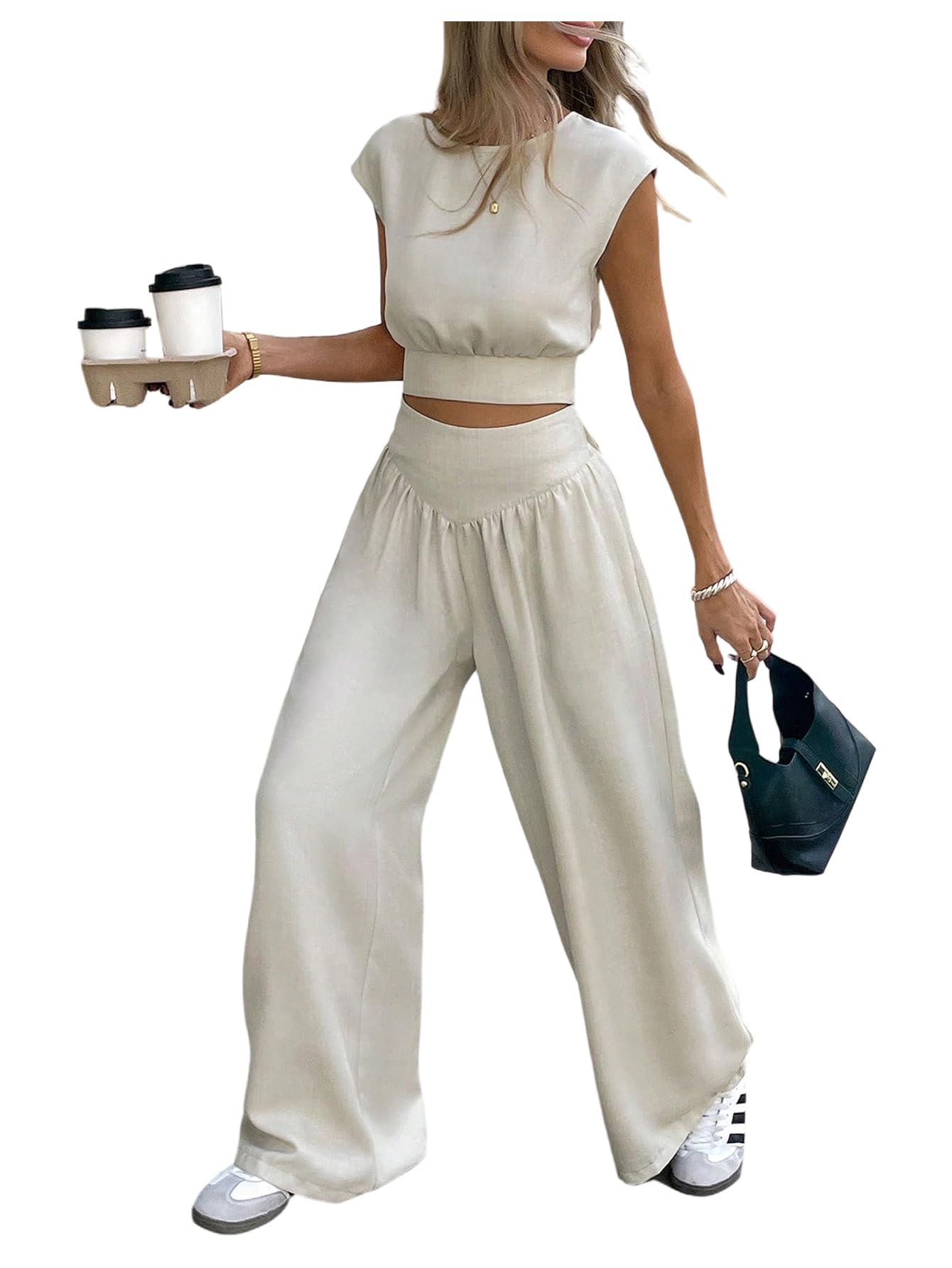 Verdusa Womens 2 Piece Business Casual Outfits Tie Back Summer Tops and Wide Leg Pants with Pockets