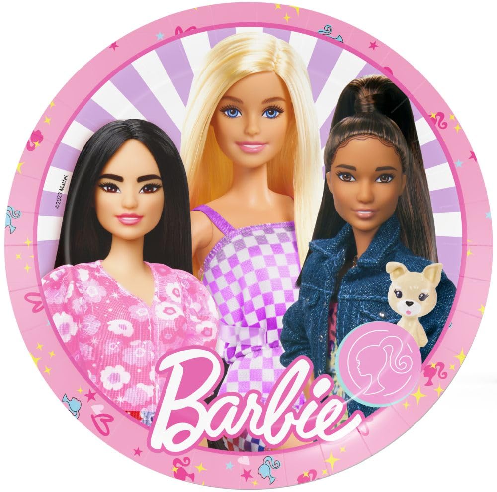 Set Festa Barbie 37 Pezzi Piatti di Carta, Bicchieri di Carta, Tovaglioli, Tovaglia + 8 Cannucce di Carta per Compleanno Bambini