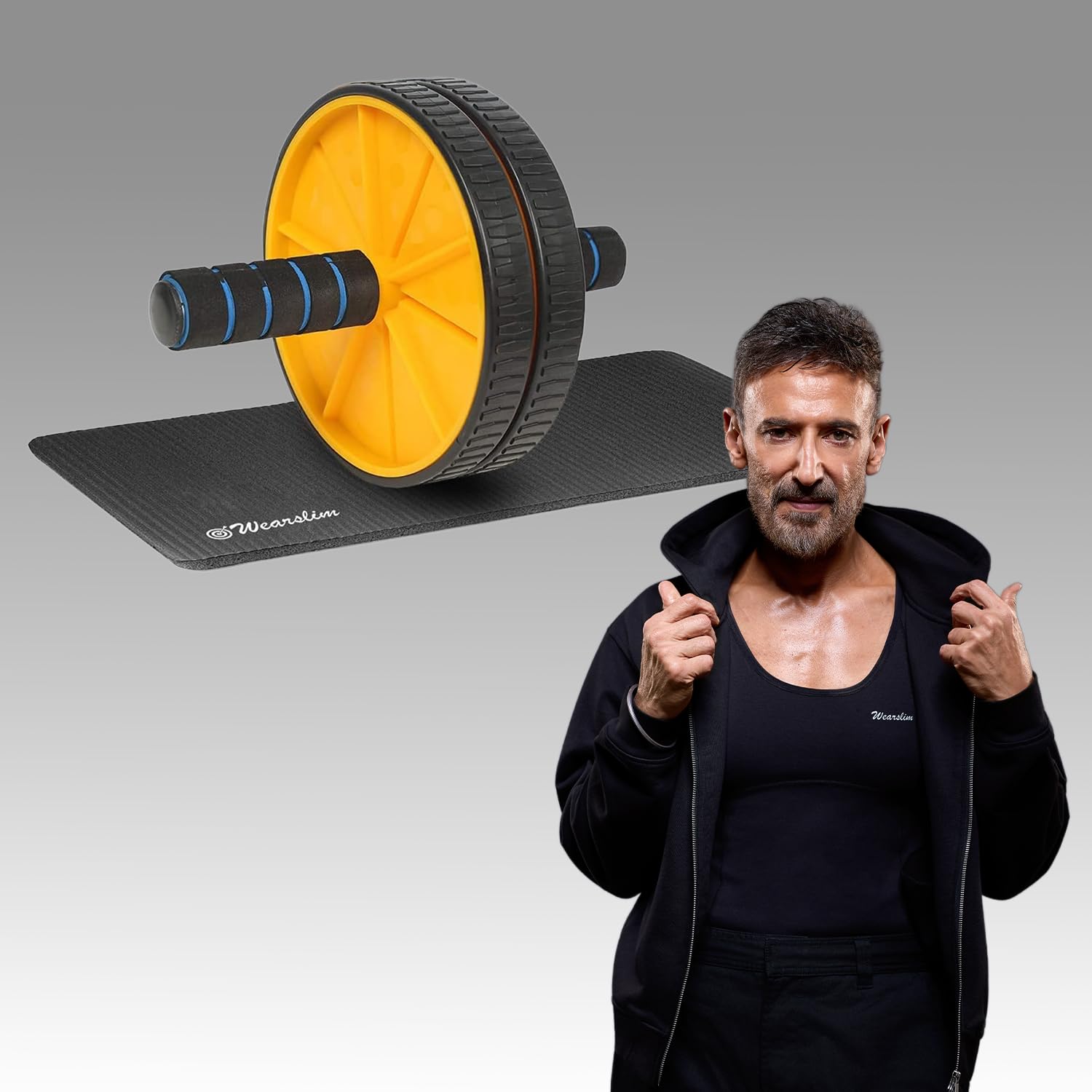 Wearslim® Professional Non-Slip Handles Double Wheel Ab Roller with Knee Mat, Abdominal Workout Equipment for Men and Women Exercise - Yellow