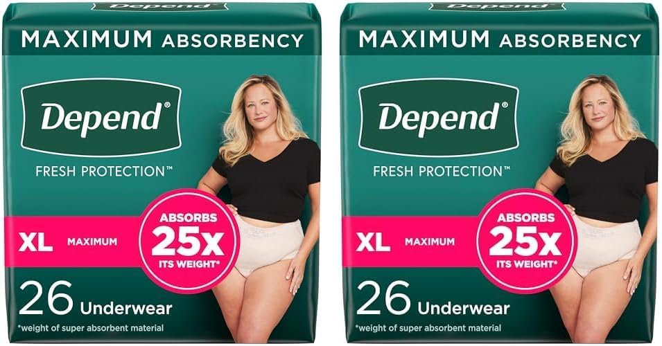 Depend Fresh Protection Adult Incontinence Underwear for Women (Formerly Depend Fit-Flex), Disposable, Maximum, Extra-Large, Blush, 26 Count, Packaging May Vary (Pack of 2)
